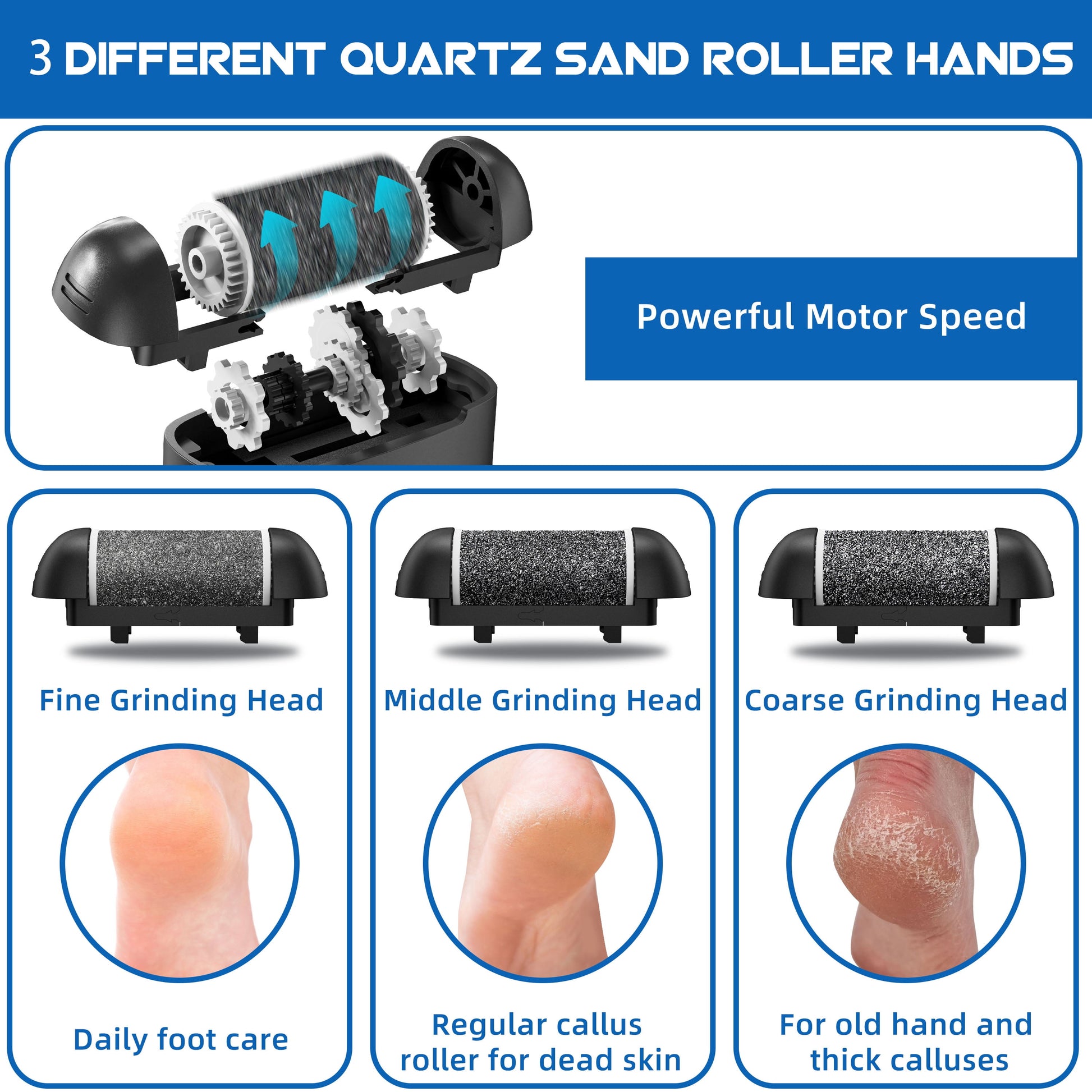 Electric Callus Remover for Feet, Portable Foot File Pedicure Tools, Waterproof 18 in 1 Kit for Cracked Heels, Calluses, Dead Skin, with 3 Roller Heads, 2 Speed, Perfect Hands Scrubber