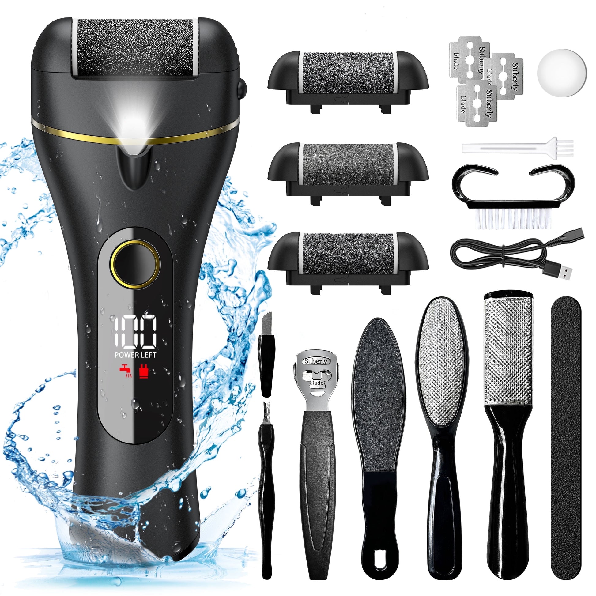 Electric Callus Remover for Feet, Portable Foot File Pedicure Tools, Waterproof 18 in 1 Kit for Cracked Heels, Calluses, Dead Skin, with 3 Roller Heads, 2 Speed, Perfect Hands Scrubber