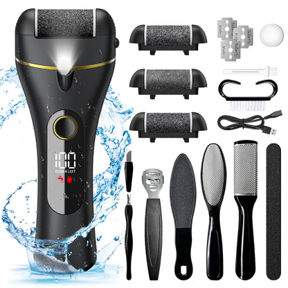 Electric Callus Remover for Feet, Portable Foot File Pedicure Tools, Waterproof 18 in 1 Kit for Cracked Heels, Calluses, Dead Skin, with 3 Roller Heads, 2 Speed, Perfect Hands Scrubber