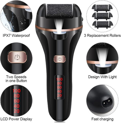 Electric Foot File Callus Remover, Rechargeable Pedicure Tools Foot Care Kit, Callus Remover for Feet with 3 Roller Heads,2 Speed for Remove Cracked Heels Calluses and Hard Skin