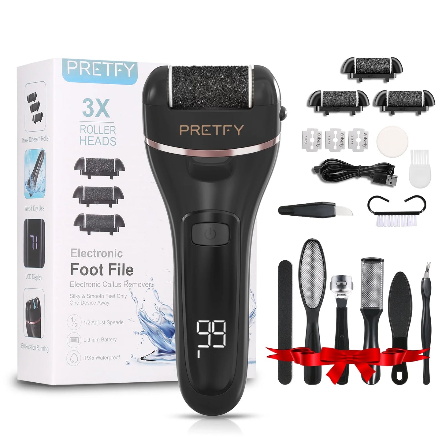 Electric Callus Remover for Feet, Portable 16 in 1 Pedicure Foot File Kit with 3 Roller Heads, 2 Speed,Black