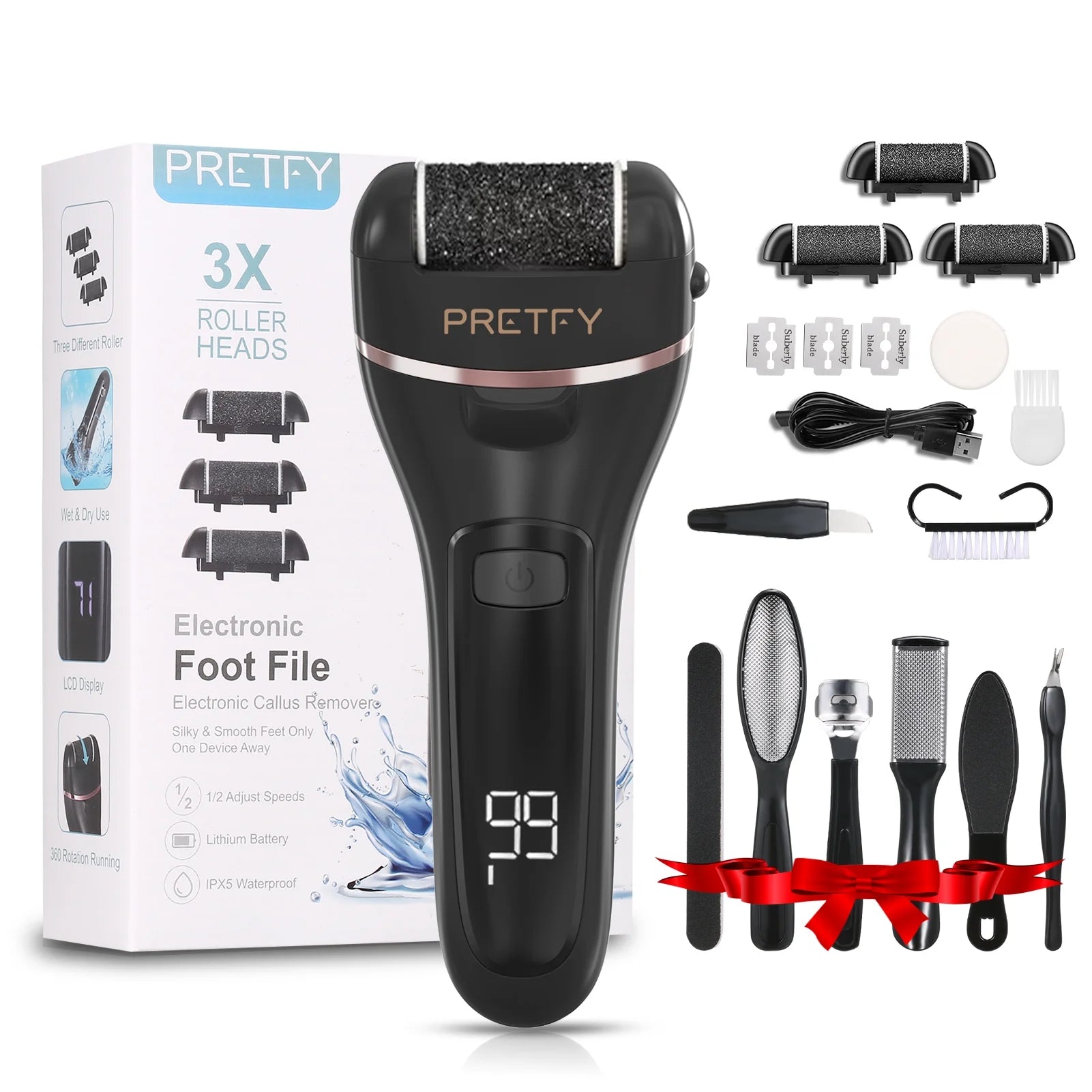 Electric Callus Remover for Feet, Portable 16 in 1 Pedicure Foot File Kit with 3 Roller Heads, 2 Speed,Black