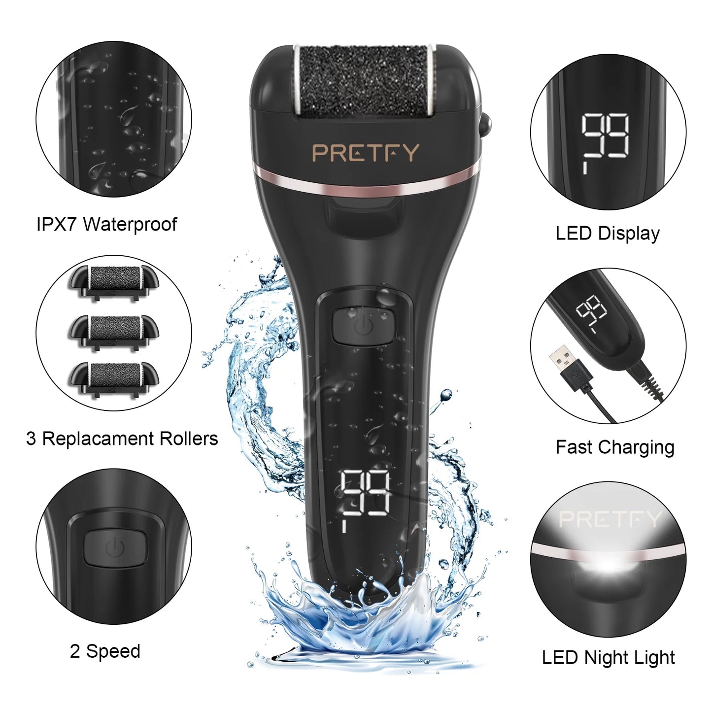 Electric Callus Remover for Feet, Portable 16 in 1 Pedicure Foot File Kit with 3 Roller Heads, 2 Speed,Black