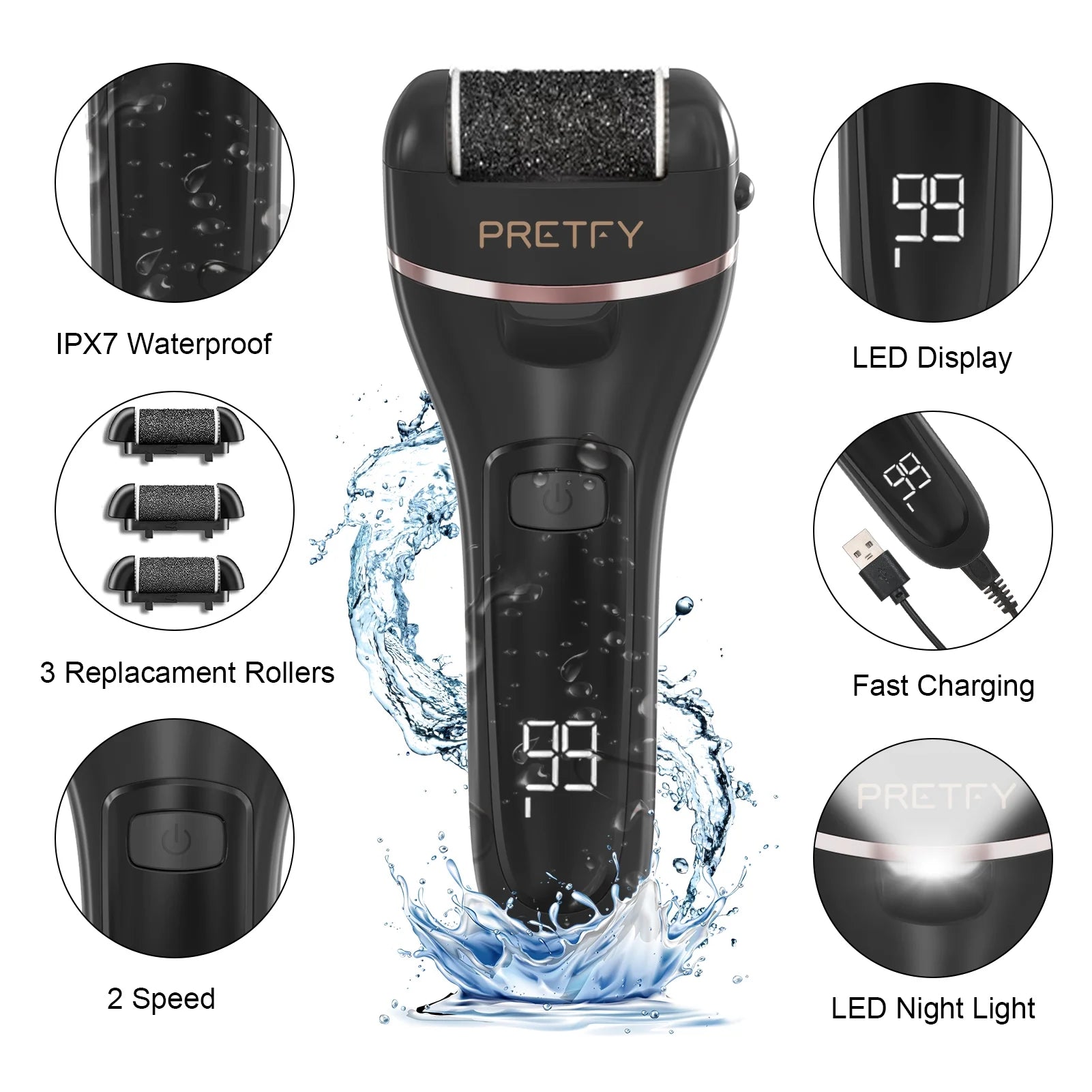 Electric Callus Remover for Feet, Portable 16 in 1 Pedicure Foot File Kit with 3 Roller Heads, 2 Speed,Black